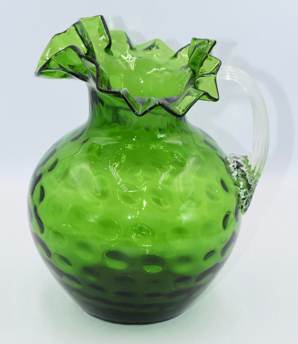 Vintage Fenton Green Coin Dot Art Glass Ruffle Top Pitcher Ribbed Handle C.1930